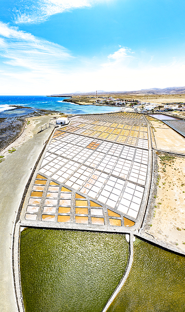 Panoramic aerial view of salt flats overlooking the ocean, Las Salinas Del Carmen, Fuerteventura, Canary Islands, Spain