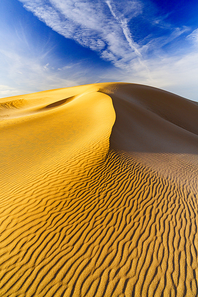 Golden sand dunes at sunset, Corralejo Natural Park, Fuerteventura, Canary Islands, Spain