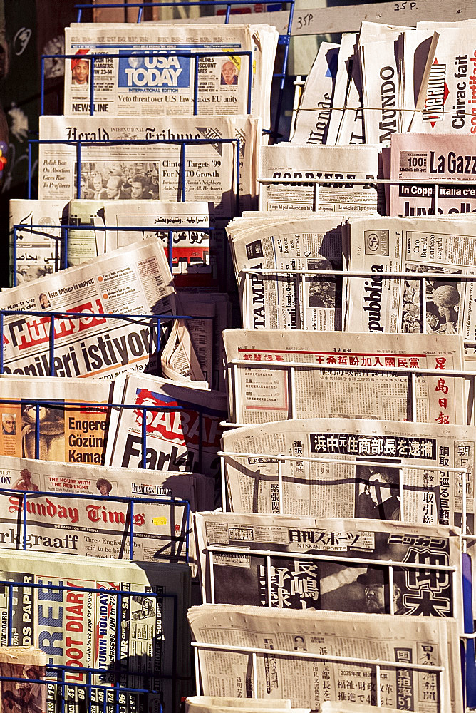 Close-up of newspapers on newsstand, London, England, United Kingdom, Europe