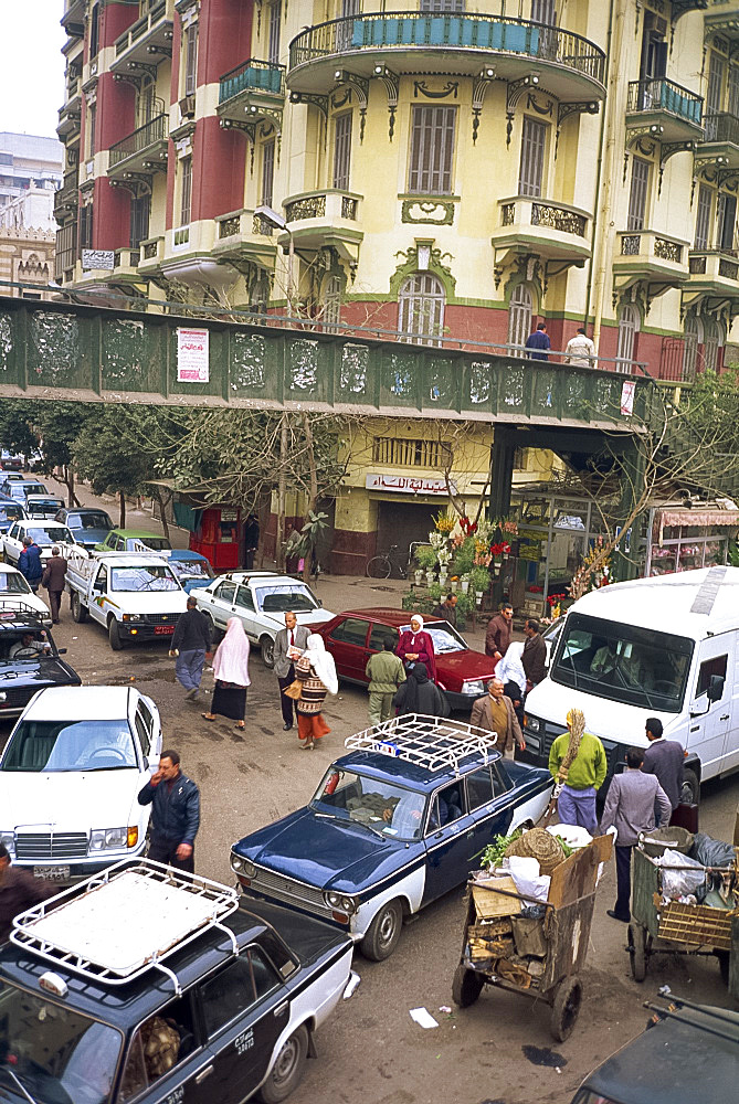 Traffic congestion with cars, handcarts and pedestrians in Cairo, Egypt, North Africa, Africa