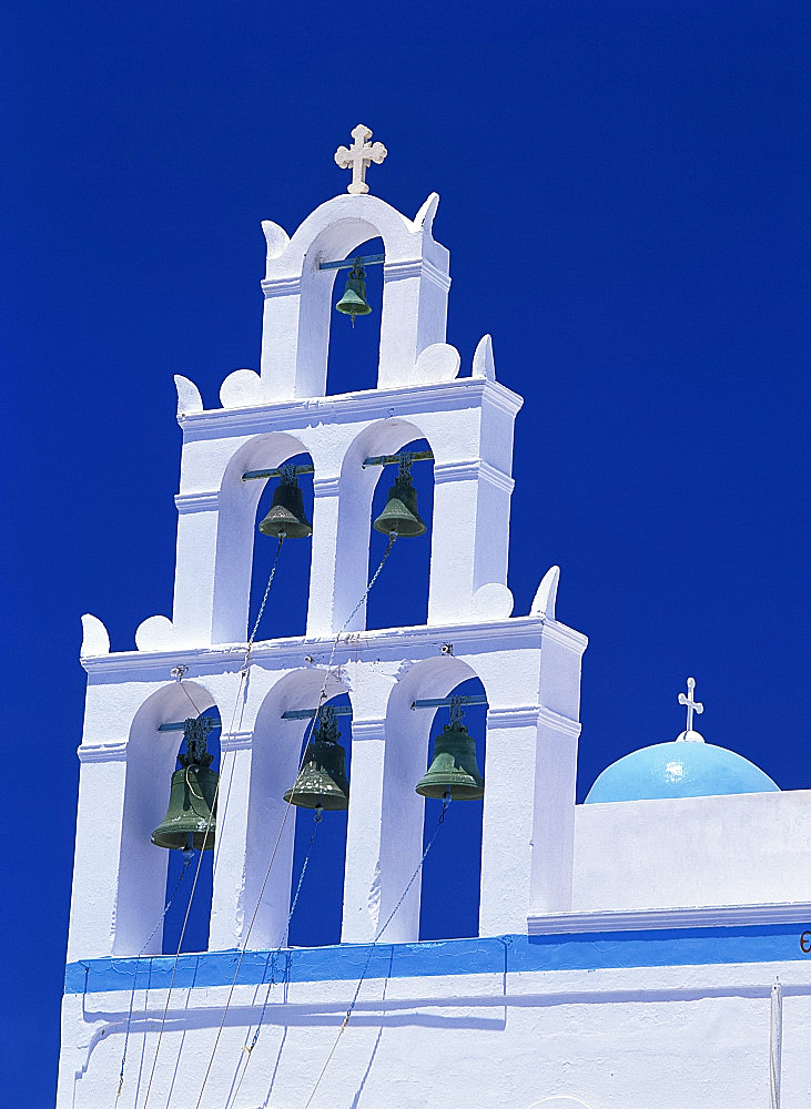 The bell tower of a church on Santorini (Thira), Cyclades, Greek Islands, Greece, Europe