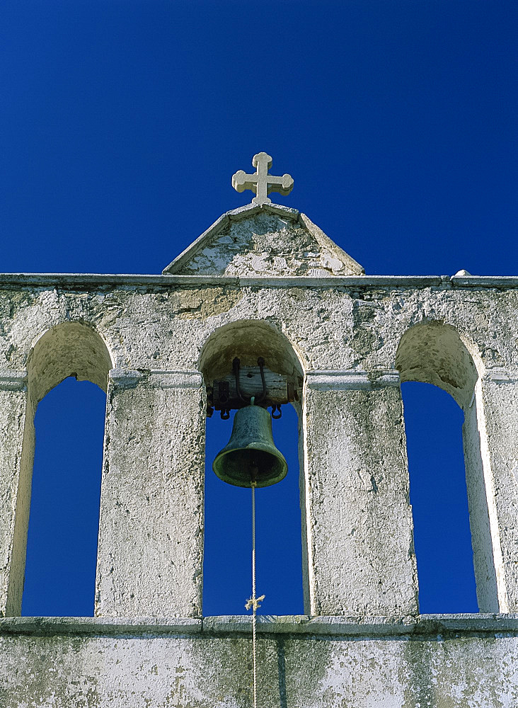 Close-up of bell tower of the church of Our Lady of Drosiani, on Naxos, Cyclades, Greek Islands, Greece, Europe