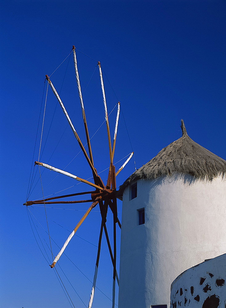 Traditional thatched windmill, Santorini (Thira), Cyclades Islands, Greek Islands, Greece, Europe