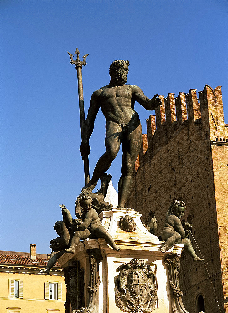 Statue on Fountain of Neptune, Bologna, Emilia-Romagna, Italy, Europe