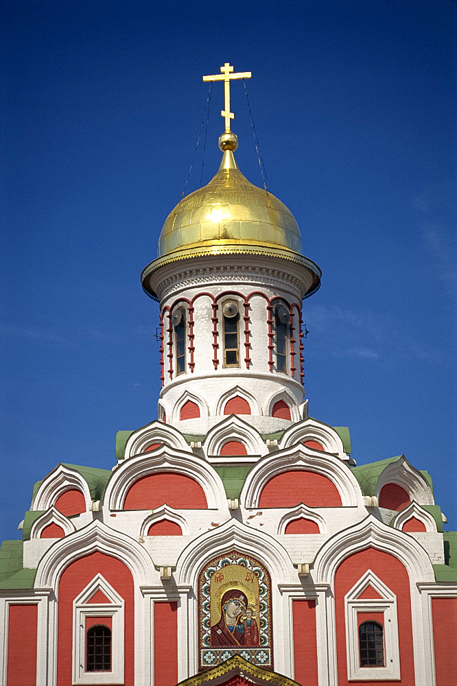 Close-up of Virgin and Child, arches and golden dome of the Kazan Cathedral in Moscow, Russia, Europe