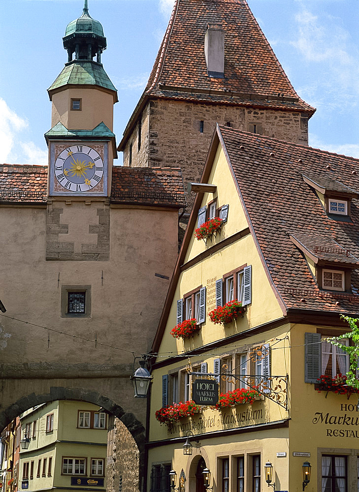 Half timber buildings and clock tower, Rothenburg, Bavaria, Germany, Europe