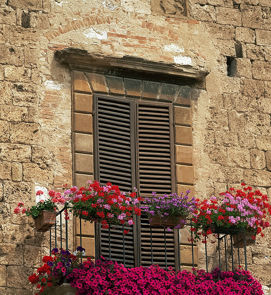 Flower covered balcony, Colle di Val d'Elsa, Tuscany, Italy, Europe