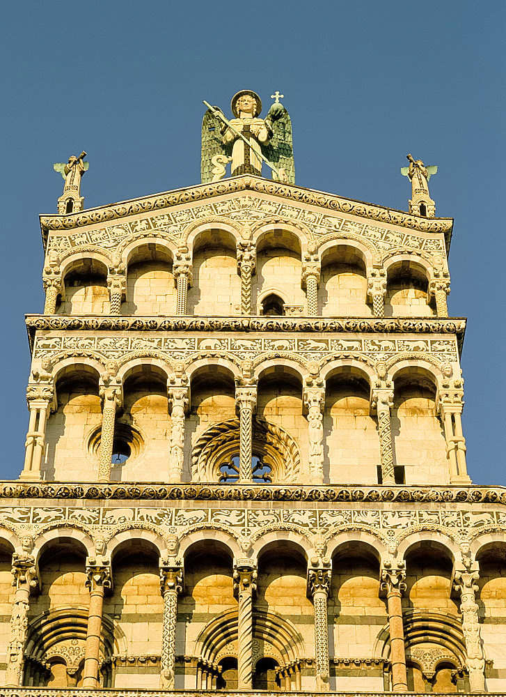 Detail of facade, San Michele in Foro, Lucca, Tuscany, Italy, Europe