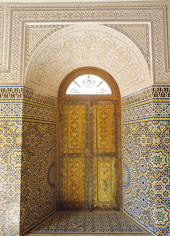 Painted window and tiles, the Glaoui Kasbah, Telouet, High Atlas, Morocco