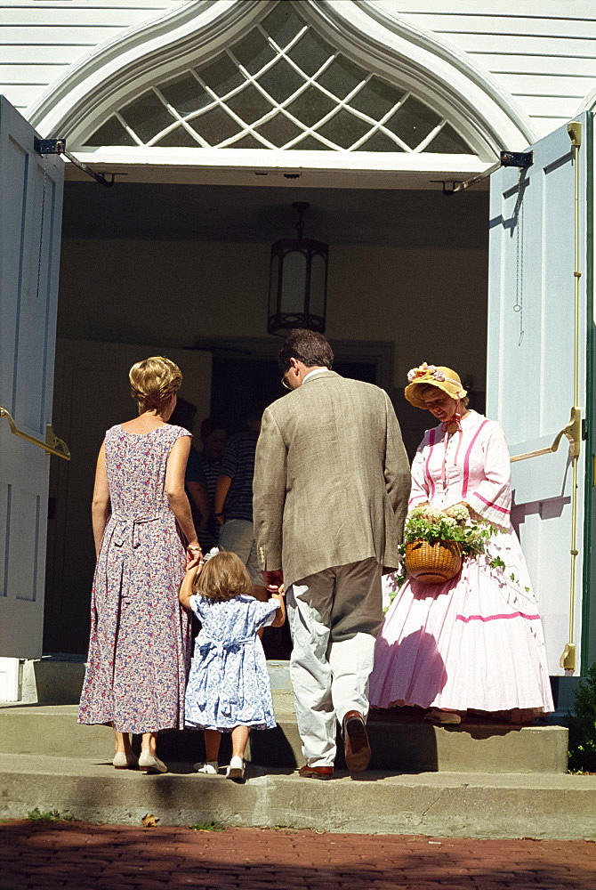 Family attending church, Nantucket, Massachusetts, New England, United States of America, North America