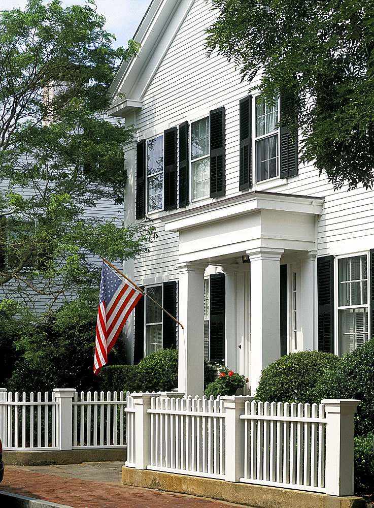 Traditional white clapboard houses, Edgartown, Martha's Vineyard, Massachusetts, New England, United States of America, North America