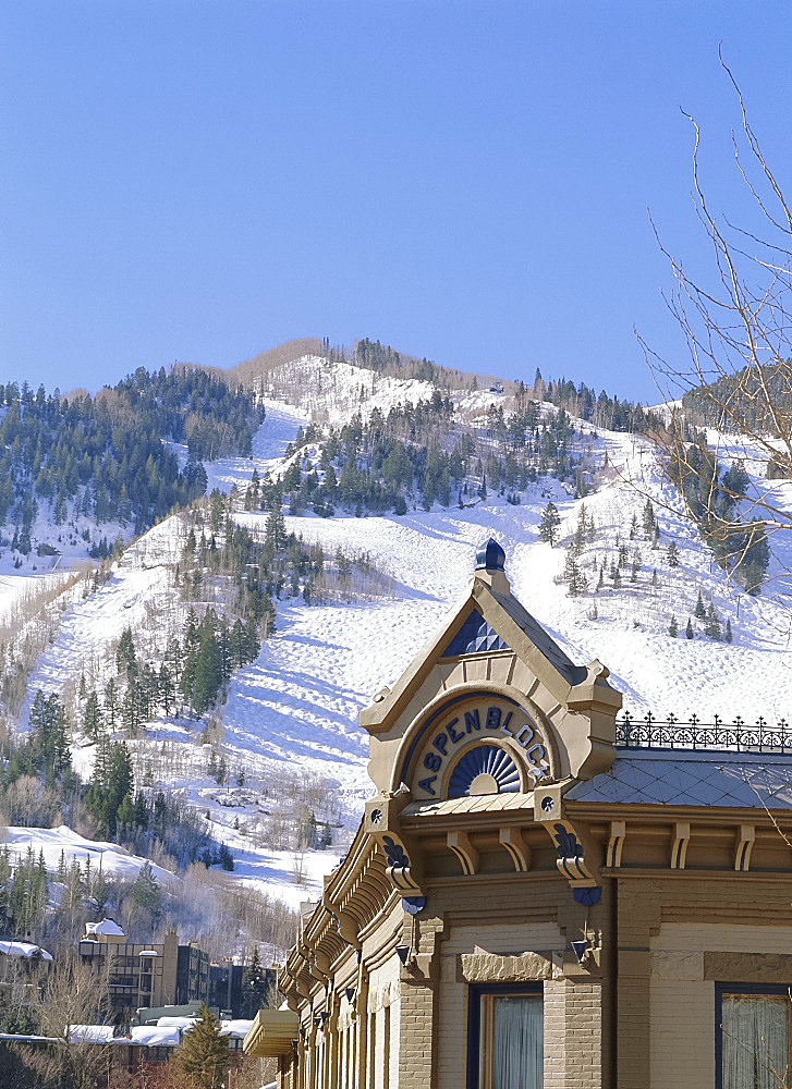 Aspen Mountain and old building, Aspen, Colorado, USA