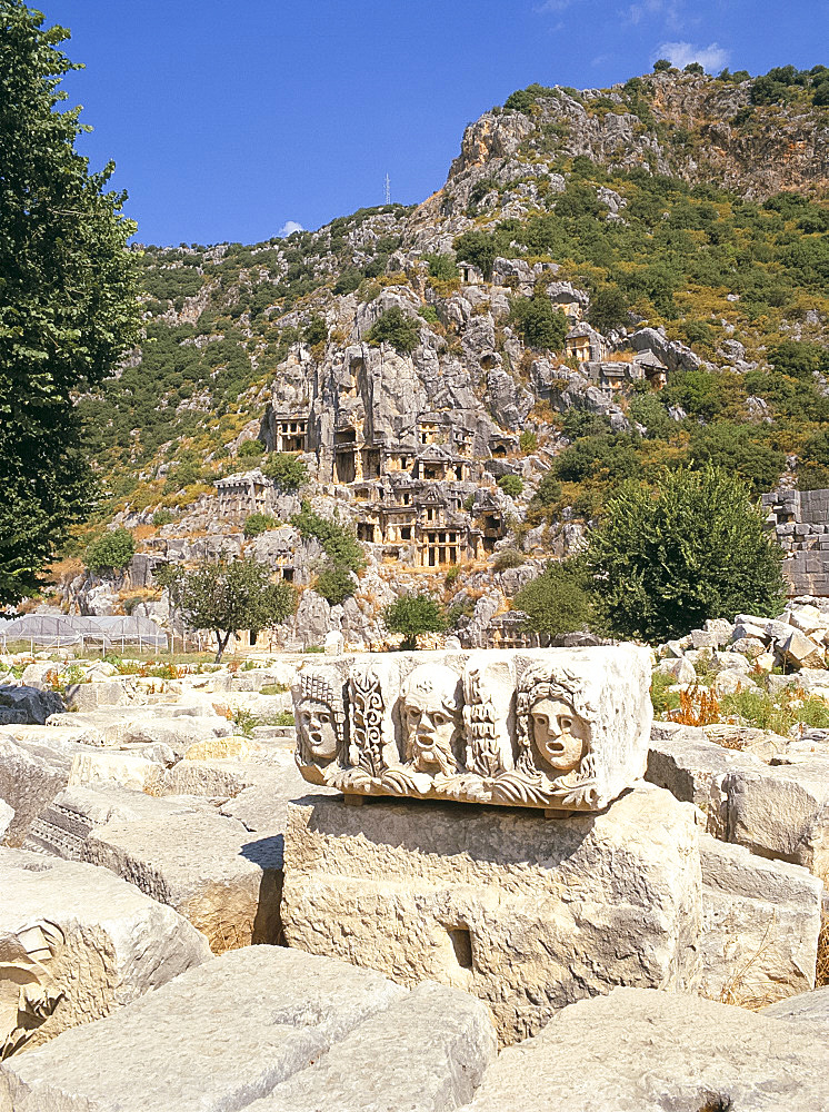 Stone carvings at ancient Lycian ruins, Myra, Anatolia, Turkey, Asia Minor, Asia