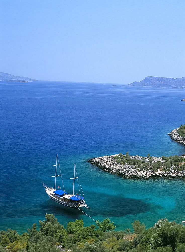 Gulet in a bay near Kas, south coast, Anatolia, Turkey, Asia Minor, Asia