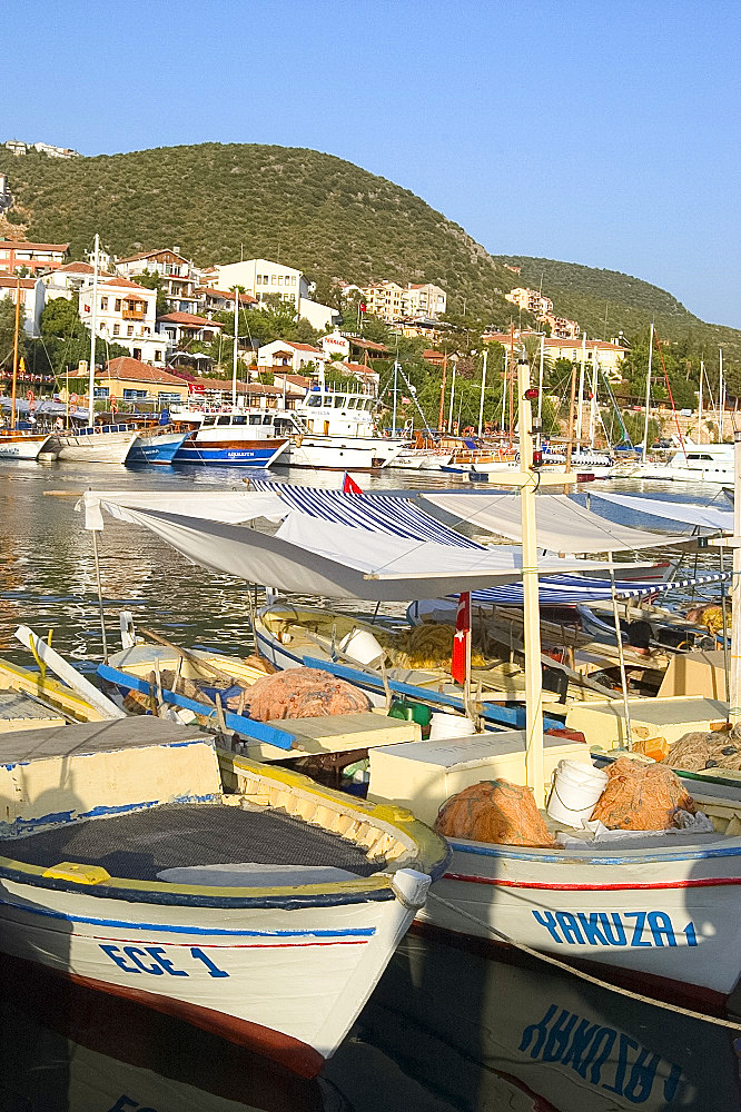 Fishing boats in the harbour in Kas on south coast of Turkey, Anatolia, Turkey, Asia Minor, Asia