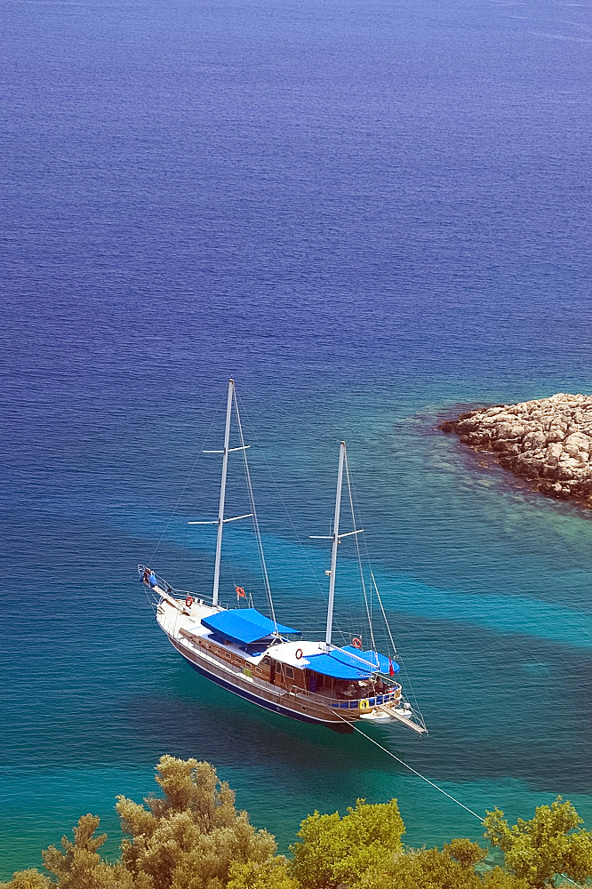 A gulet in Kas Bay, Anatolia, Turkey, Asia Minor, Asia