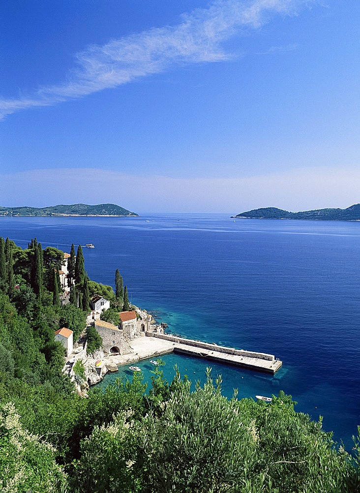 View of harbour and coast from Trsteno, Dalmatia, Dalmatian Coast, Croatia, Europe