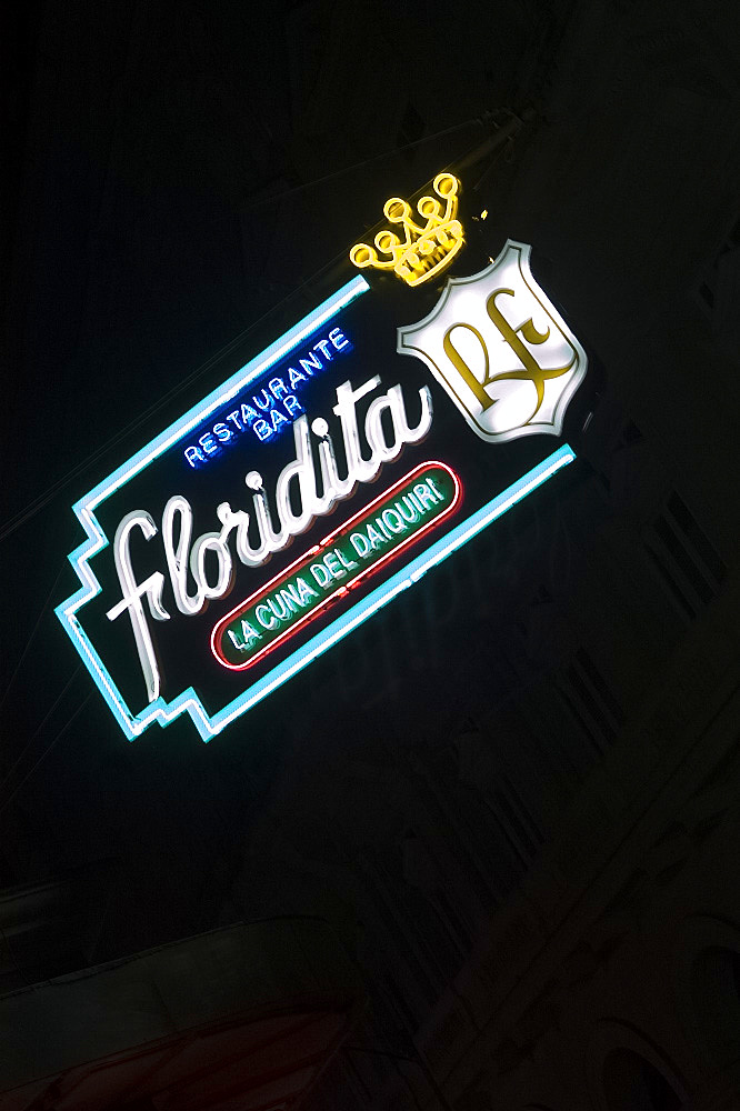 Neon sign for the Floridita Bar and Restaurant famous for its frozen daiquiries, Havana, Cuba, West Indies, Central America