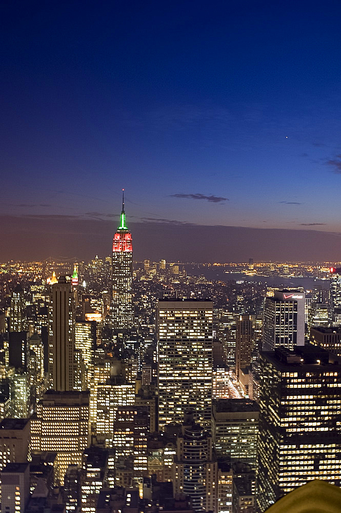 Looking south towards the Empire State Building, over the Manhattan skyline from Top of the Rock, on top of the GE building in Rockefeller Center, New York City, New York State, United States of America, North America