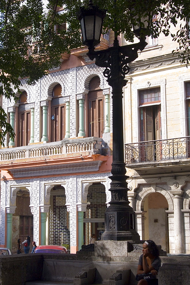 Old buildings and street lamp on Paseo del Prado in central Havana, Cuba, West Indies, Central America