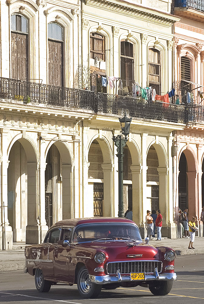 A vintage 1950's American Chevrolet in the Paseo di Marti, Central Havana, Cuba, West Indies, Central America