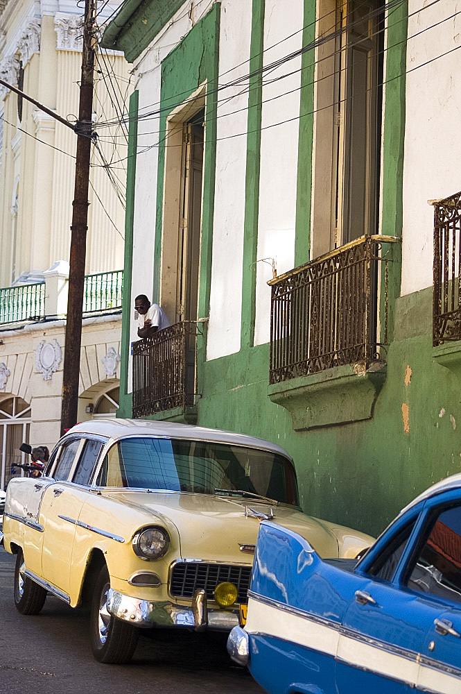 1950's vintage American cars parked in Santiago de Cuba, Cuba, West Indies, Central America