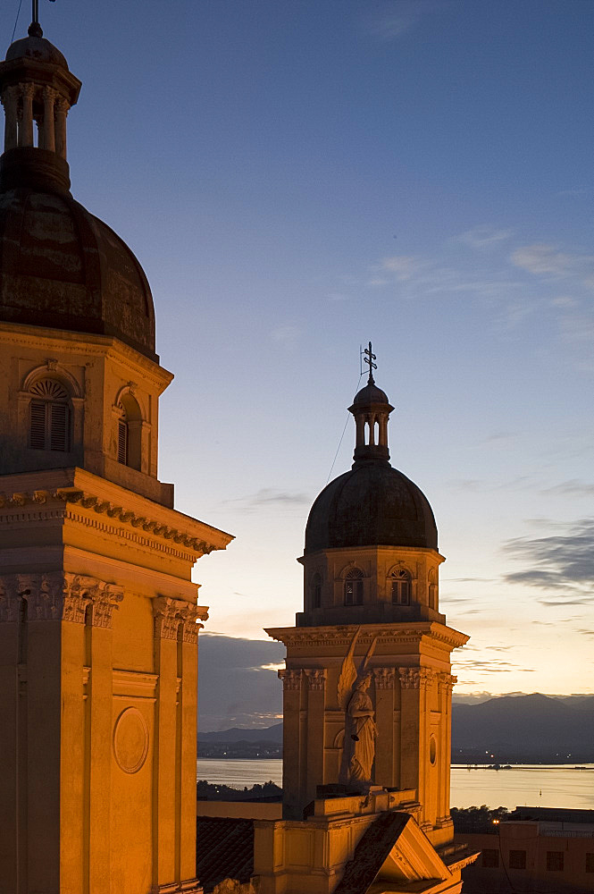 Domes of the Catedral de la Anuncion at dusk, Santiago de Cuba, Cuba, West Indies, Central America