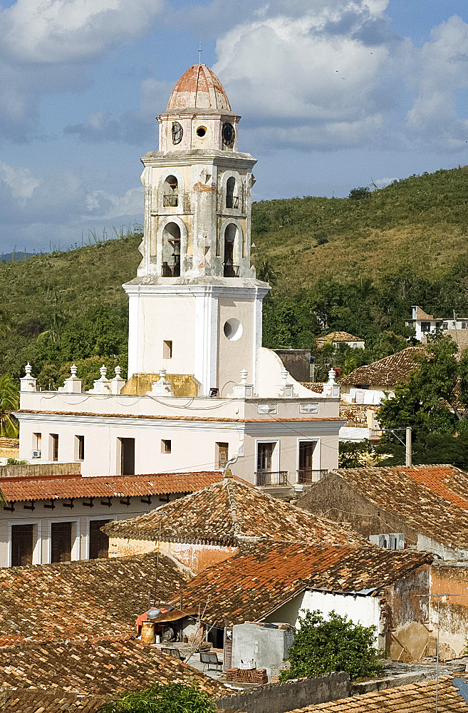 The belltower of Iglesia y Covento de San Francisco and terracotta rooftops, Trinidad, UNESCO World Heritage Site, Cuba, West Indies, Central America