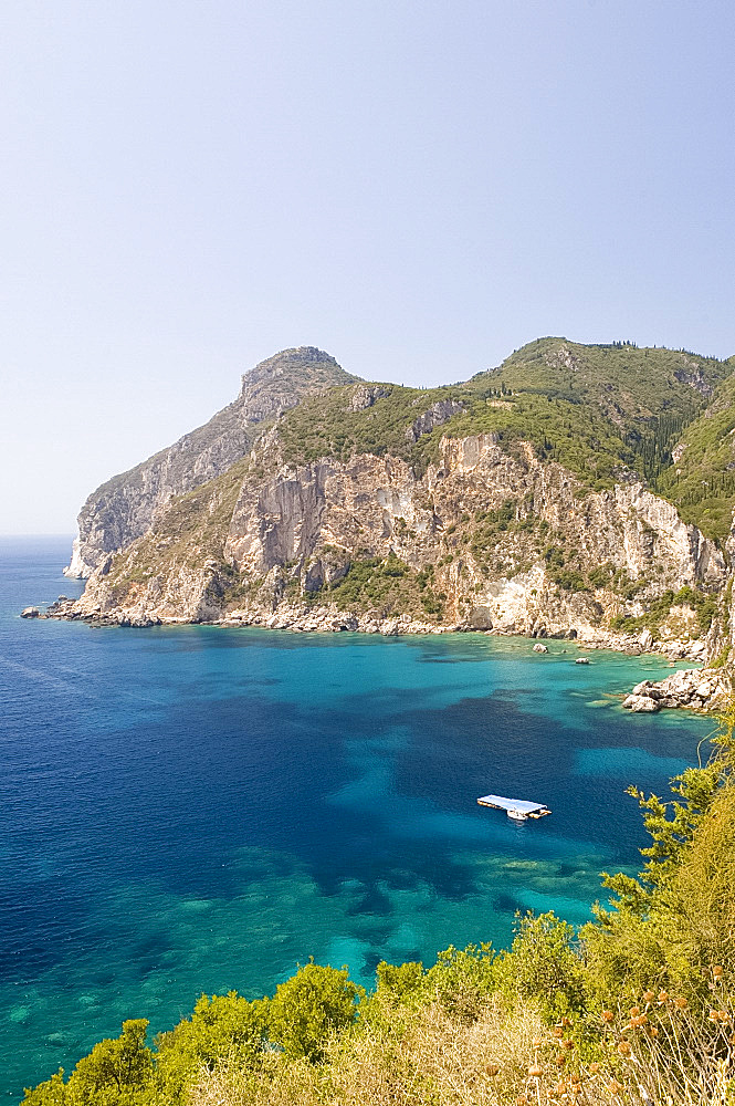 Dramatic steep cliffs and sea at Paleokastritsa, west coast, Corfu, Ionian Islands, Greek Islands, Greece, Europe