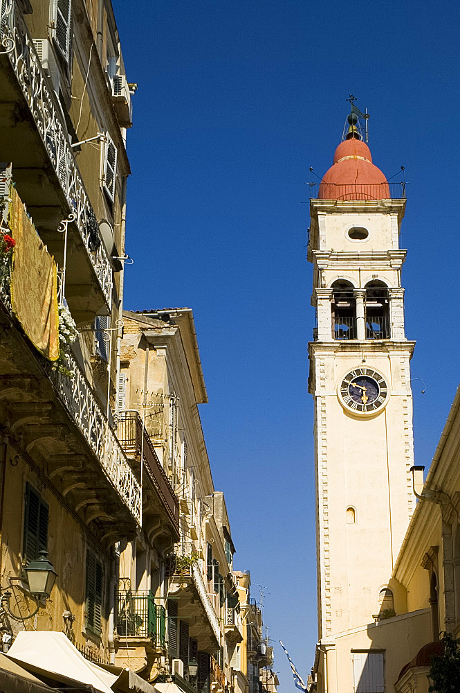 The belltower of St. Sprydonas in Corfu Old Town, Corfu, Ionian Islands, Greek Islands, Greece, Europe