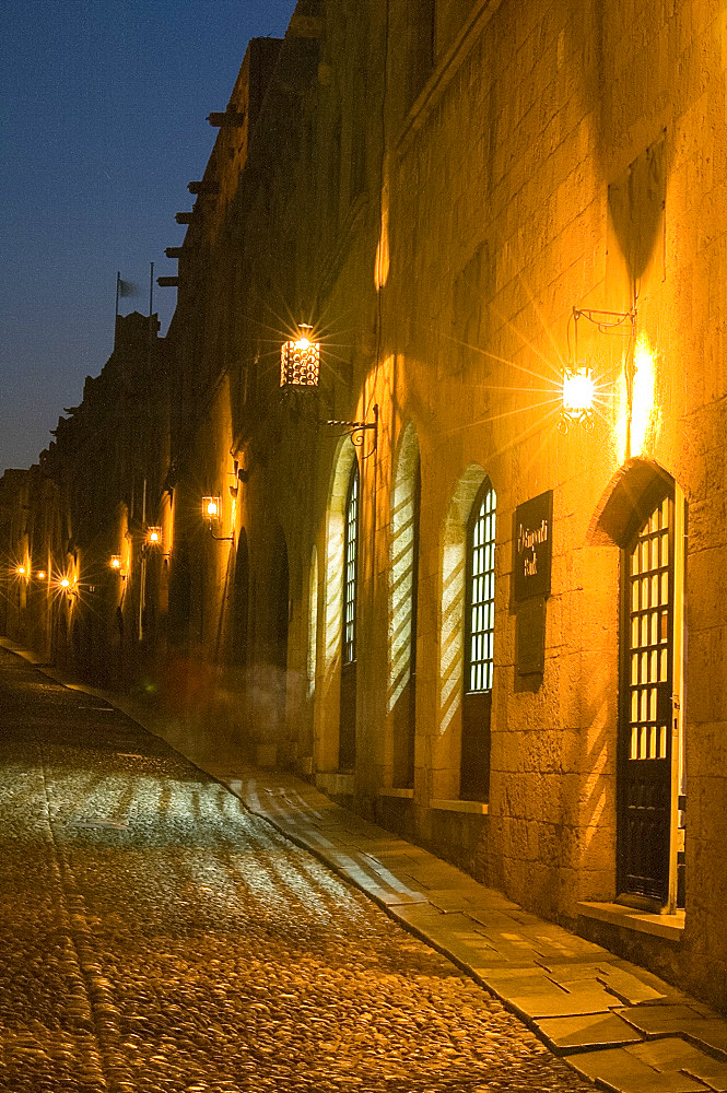 The Street of the Knights at night in Rhodes Town, Rhodes, Dodecanese, Greek Islands, Greece, Europe