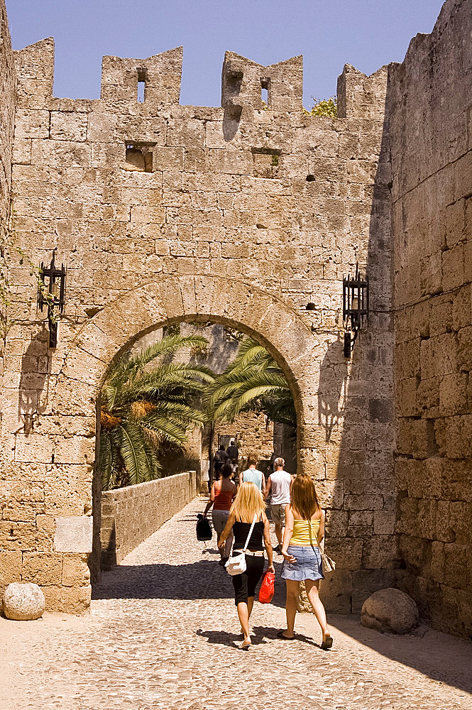 The D'Amboise Gate and city walls around Rhodes Town, Rhodes, Dodecanese, Greek Islands, Greece, Europe