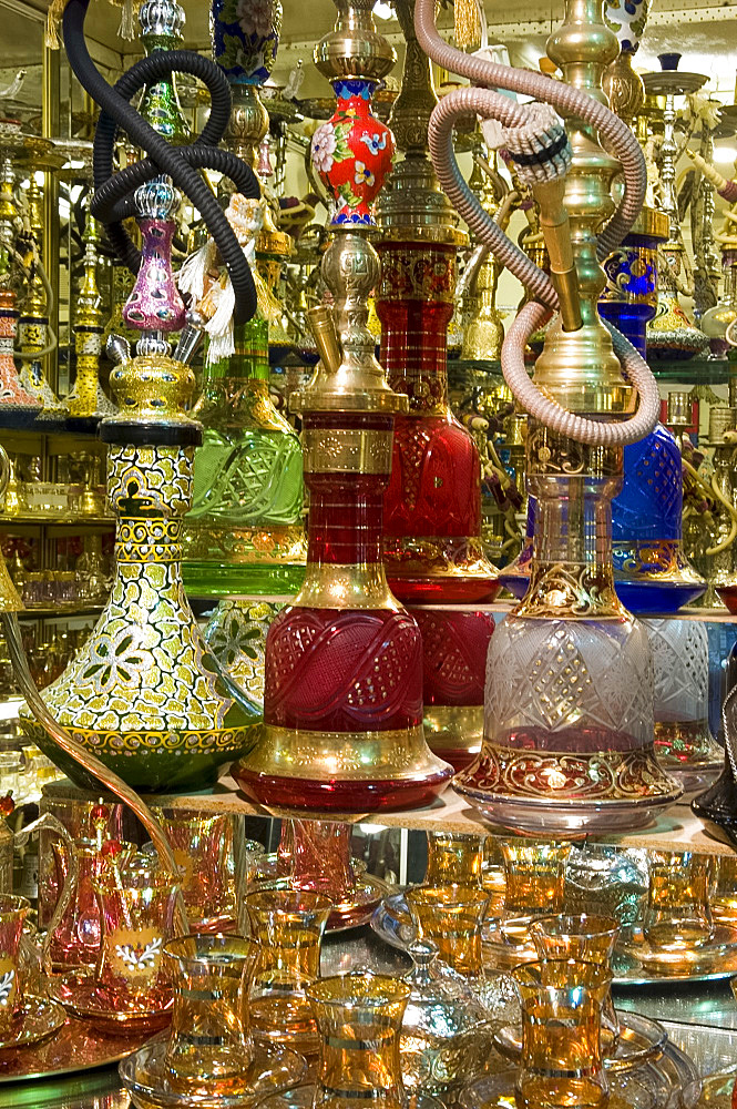 Colourful glass, ceramic and brass water pipes for sale in the Grand Bazaar, Istanbul, Turkey, Europe, Eurasia