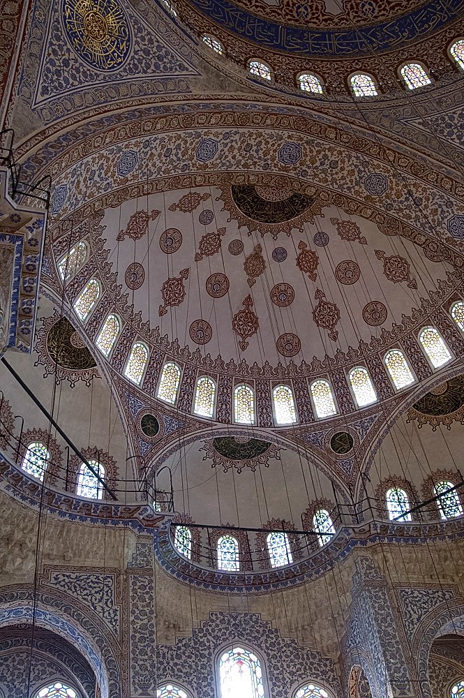 An interior view of an elaborately decorated dome in the Blue Mosque (Sultan Ahmet mosque), Istanbul, Turkey, Europe, Eurasia