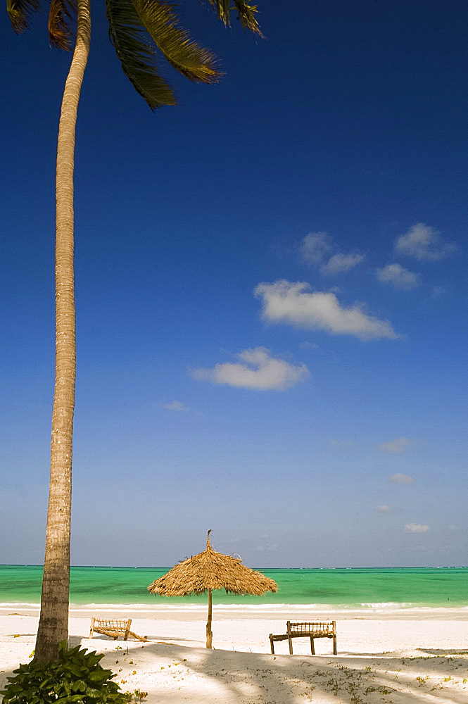 A thatched beach umbrella and traditional sunbeds made from coconut wood, Paje Beach, Zanzibar, Tanzania, East Africa, Africa