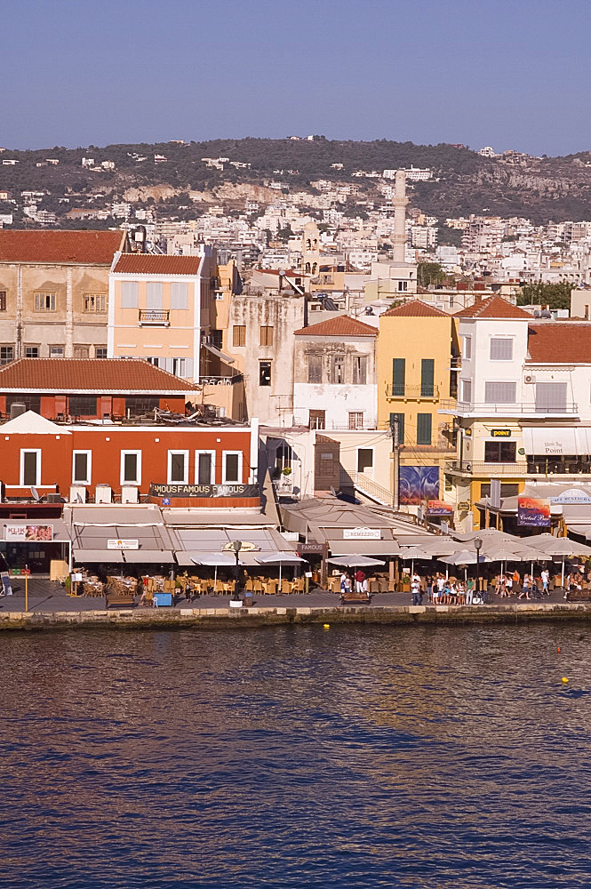 A view of tavernas around the harbour in the old town section of Hania, Crete, Greek Islands, Greece, Europe