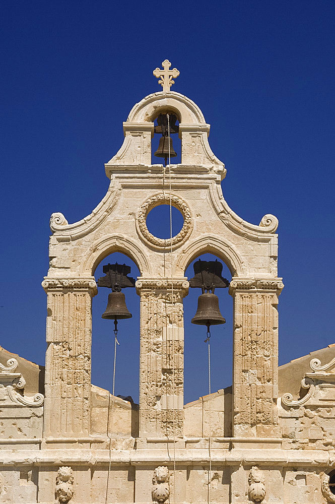 The ornate Venetain belltower of the Arkadhi Monastery (Moni Arkadhi), twenty-five miles from Rethymnon, Crete, Greek Islands, Greece, Europe