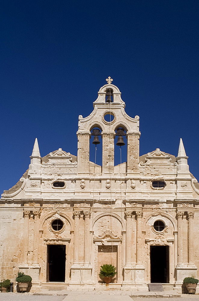 The ornate Venetain facade of the Arkadhi Monastery (Moni Arkadhi), twenty-five miles from Rethymnon, Crete, Greek Islands, Greece, Europe