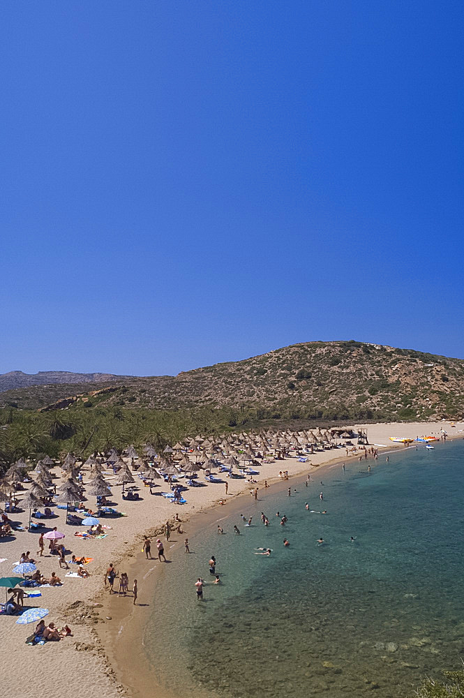 A view of the palm fringed beach at Vai in Eastern Crete, Greek Islands, Greece, Europe