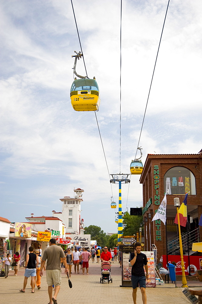 A cable car running over the Black Sea beach resort of Mamaia, Romania, Europe