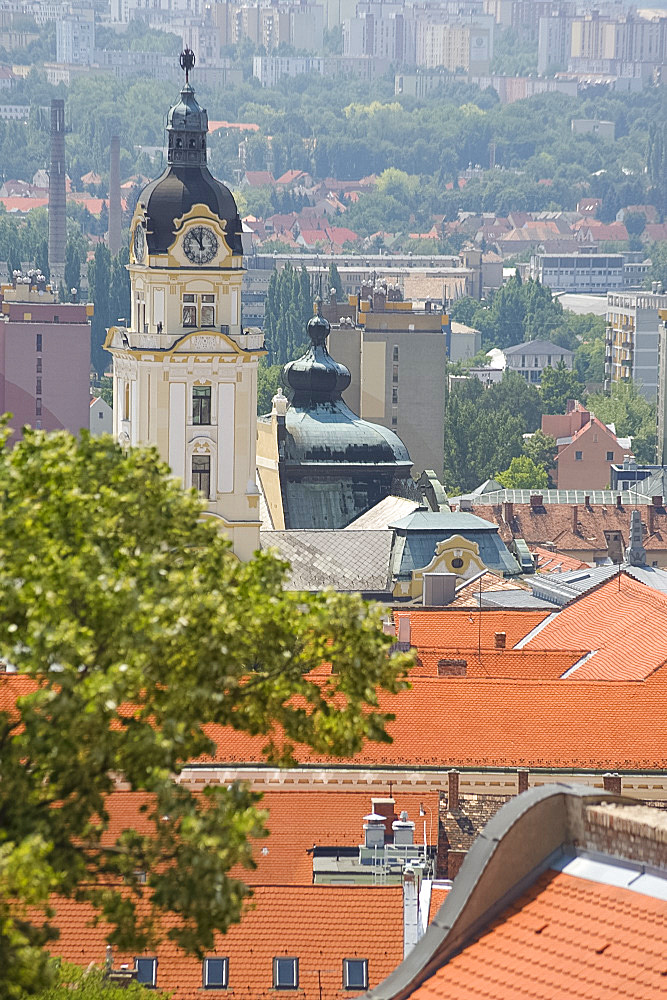 An aerial view of rooftops in the old quarter, Pecs, Hungary, Europe