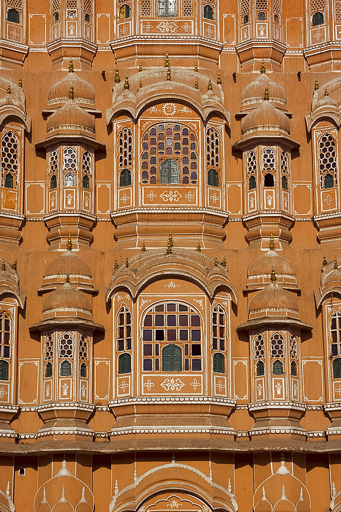 The ornate pink facade of the Hawa Mahal (Palace of the Winds), Jaipur, Rajasthan, India, Asia