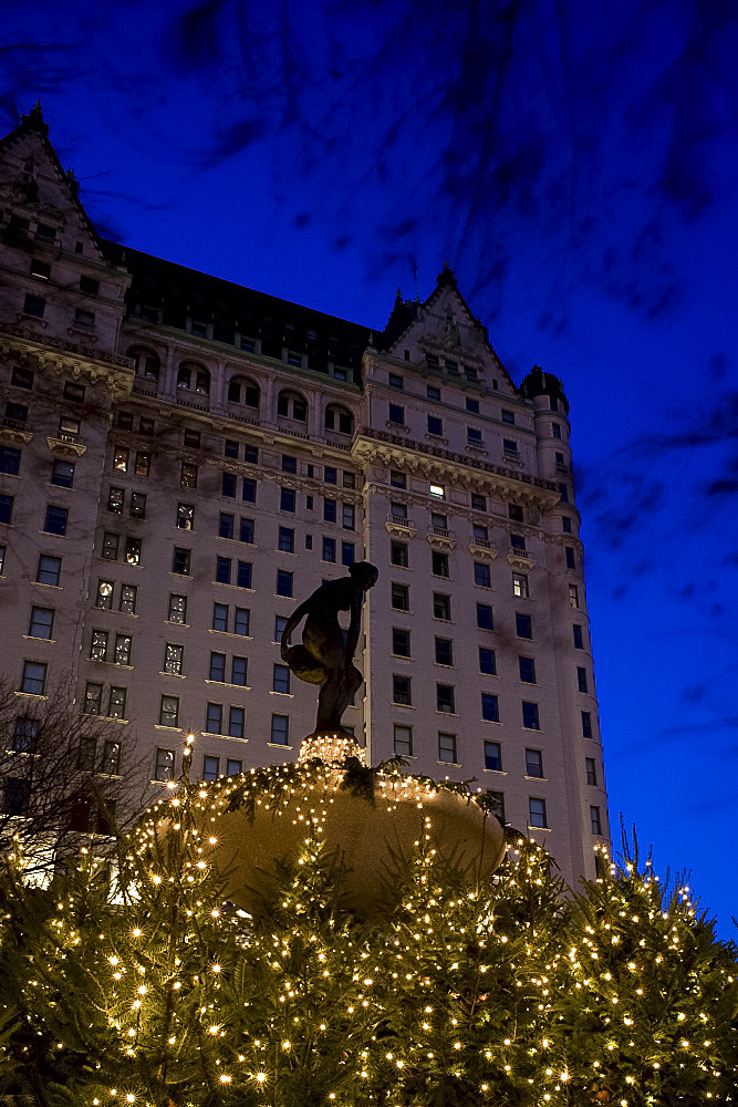 Christmas lights around the fountain in front of the Plaza Hotel in New York City, New York State, United States of America, North America