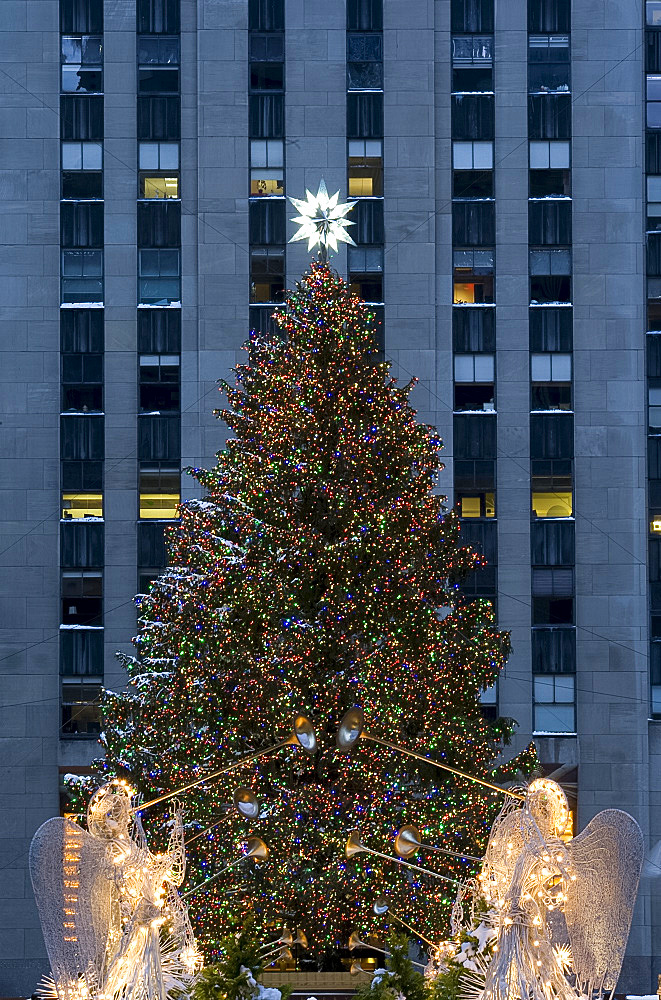 The Christmas tree and decorations in Rockefeller Center,  New York City, New York State, United States of America, North America