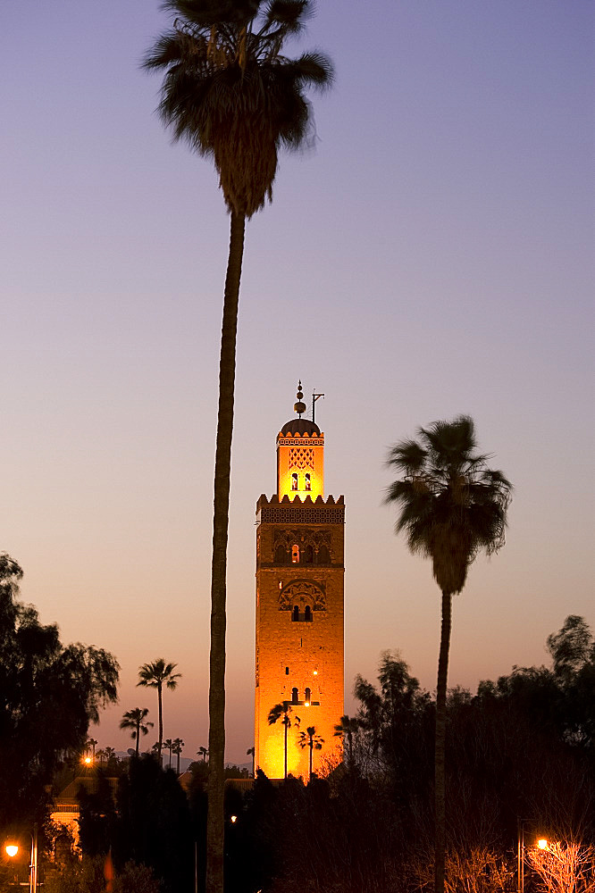 The minaret of the Koutoubia Mosque at dusk in Marrakech, Morocco, North Africa, Africa