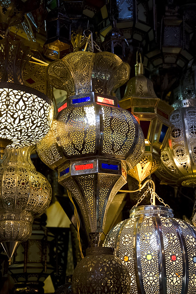 Brass lanterns for sale in the souk in Marrakech, Morocco, North Africa, Africa