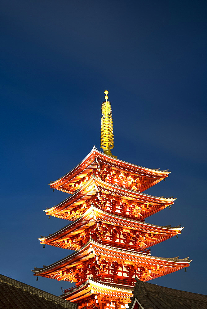 The Five Storey Pagoda at dusk next to the Senso-ji Temple in Asakusa, Tokyo, Honshu, Japan, Asia