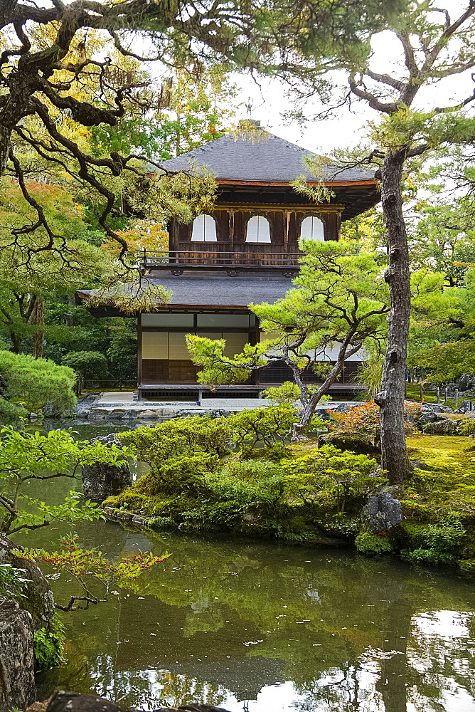 The Silver Pavilion reflected in a pond surrounded by pine trees at the Ginkaku-ji Pure Land Garden, Kyoto, Japan, Asia