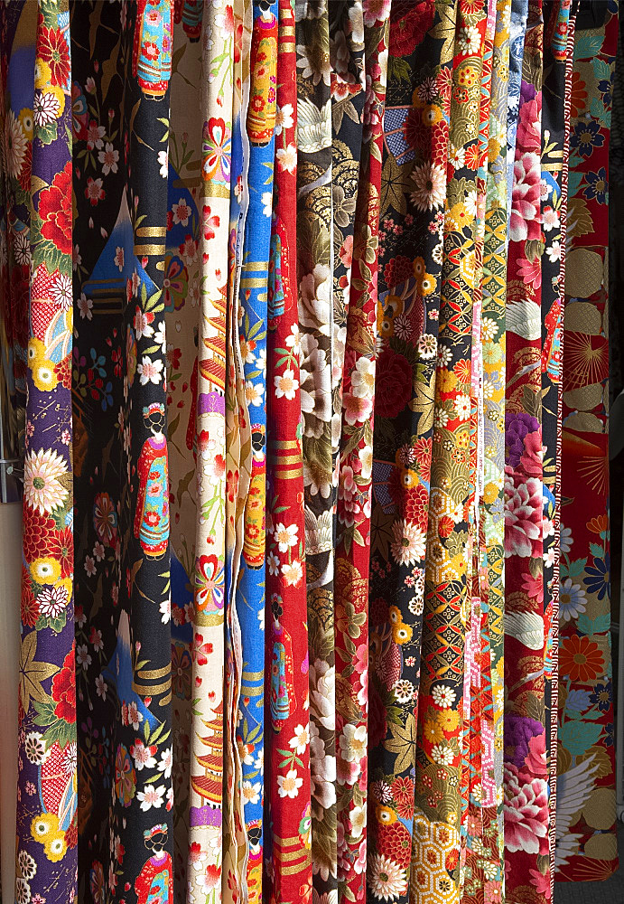 Colourful Japanese fabrics for sale at the Hida Takayama Miyagawa morning market in Takayama, Japan, Asia