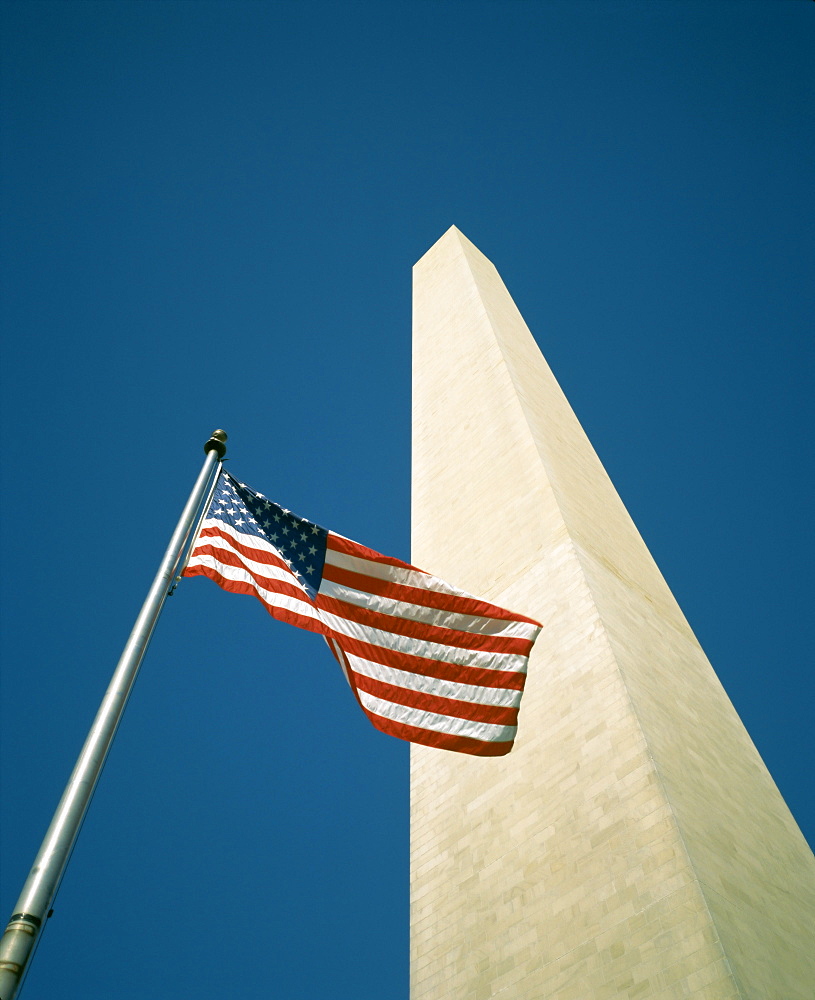 Stars and stripes American flag and Washington Monument, Washington D.C., United States of America (U.S.A.), North America